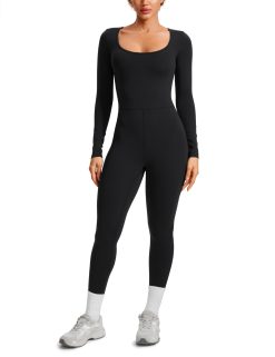 CRZ YOGA Butterluxe Long Sleeve Jumpsuits for Women Scoop Neck Casual Yoga One Piece 25" Leggings Rompers Black X-Large