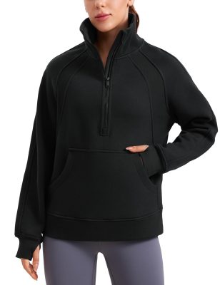 CRZ YOGA Womens Fleece Lined Sweatshirts Half Zip Funnel Neck Pullover Long Sleeve Hip Oversized Hoodies with Thumb Holes Black Medium