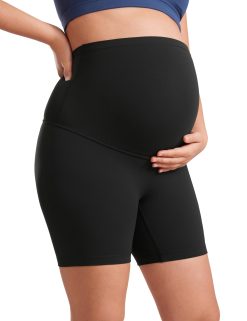 CRZ YOGA Womens Butterluxe Maternity Biker Shorts Over The Belly 6" - Pregnancy Yoga Workout Activewear Black Medium