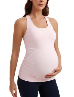 CRZ YOGA Butterluxe Womens Racerback Maternity Tank Tops Ruched Sleeveless Pregnancy Yoga Tee with Built in Bra Workout Shirt Strawberry Pink Small