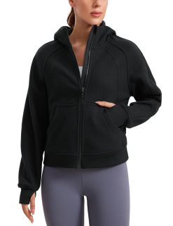 CRZ YOGA Womens Fleece Lined Full Zip Hoodies Oversized Long Sleeve Casual Workout Hooded Sweatshirt with Thumb Holes Black Medium