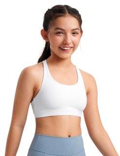CRZ YOGA Girls Butterluxe Training Bra - Strappy Scoop Neck for Teens Kids Yoga Sports Comfort Dance Crop Top White X-Small