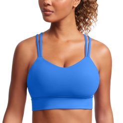 CRZ YOGA Softness Mold Womens Butterluxe Strappy Longline Sports Bra - Double Spaghetti Strap Workout Yoga Crop Top Athletic Sparkle Blue Medium