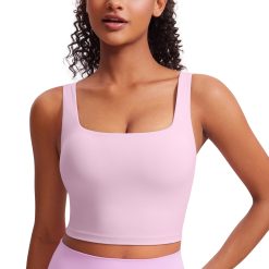CRZ YOGA Butterluxe Womens Square Neck Longline Sports Bra - Workout Crop Tank Tops Padded Yoga Camisole with Built in Pads Vita Pink Medium