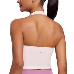 CRZ YOGA Womens Butterluxe Halter Longline Sports Bra - Padded Workout Yoga Crop Tops Tanks with Built in Pads Strawberry Pink XX-Small