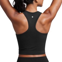 CRZ YOGA Womens Seamless Ribbed Longline High Neck Sports Bra - Racerback Padded Slim Fit Crop Tank Top with Built in Pads Black Medium